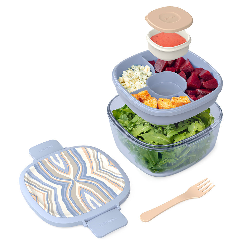Bentgo Glass Prints All-in-One Salad Container - Wildly Chic - Soft Blue