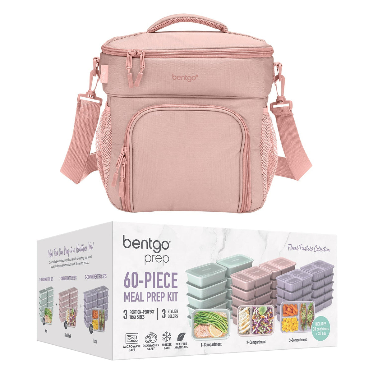 Bentgo Prep Deluxe Bag & 60-Piece Meal Prep Container Set - Blush and Floral Pastel