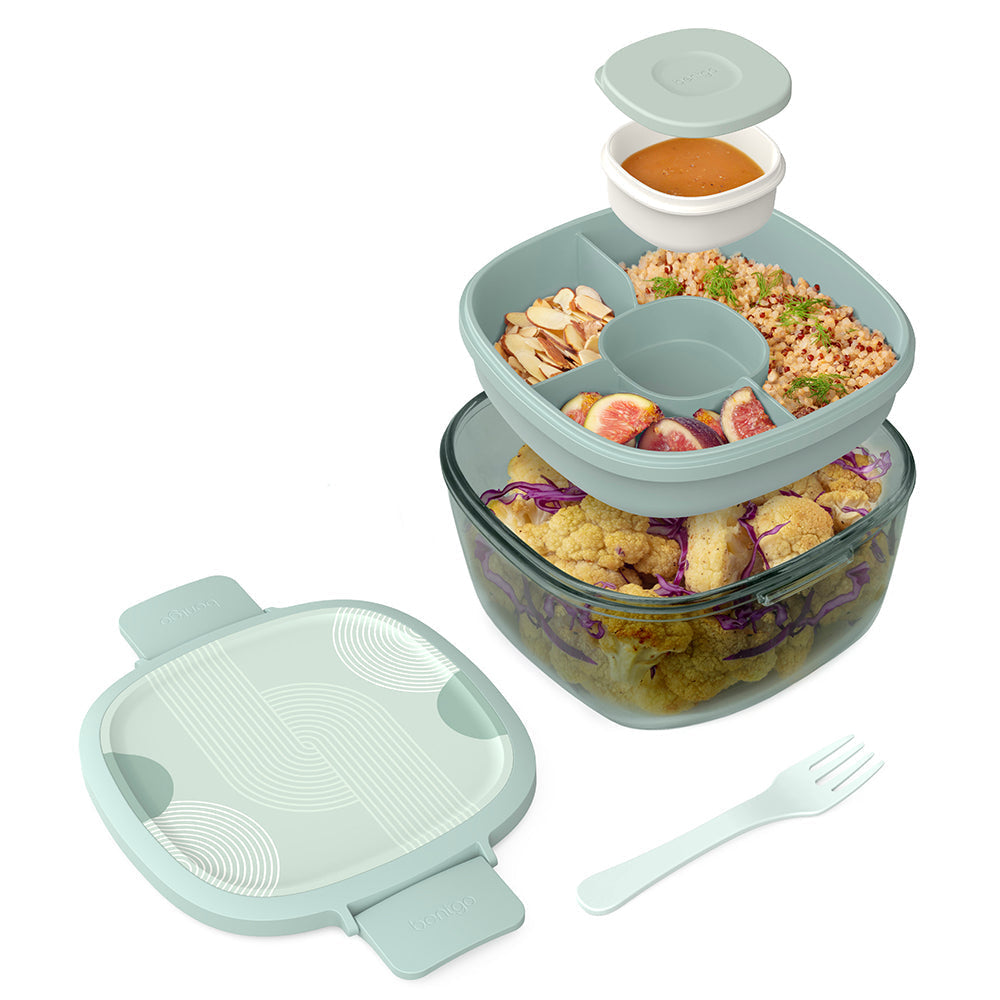 Bentgo Glass Prints All-in-One Salad Container - Mod Curve - Serene Green