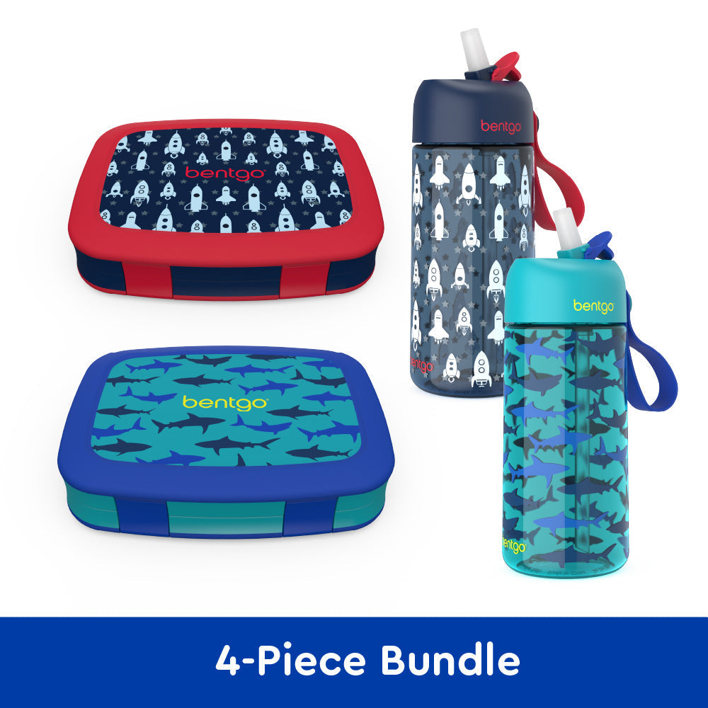 Bentgo Kids Prints Lunch Boxes & Water Bottles - Rocket/Shark